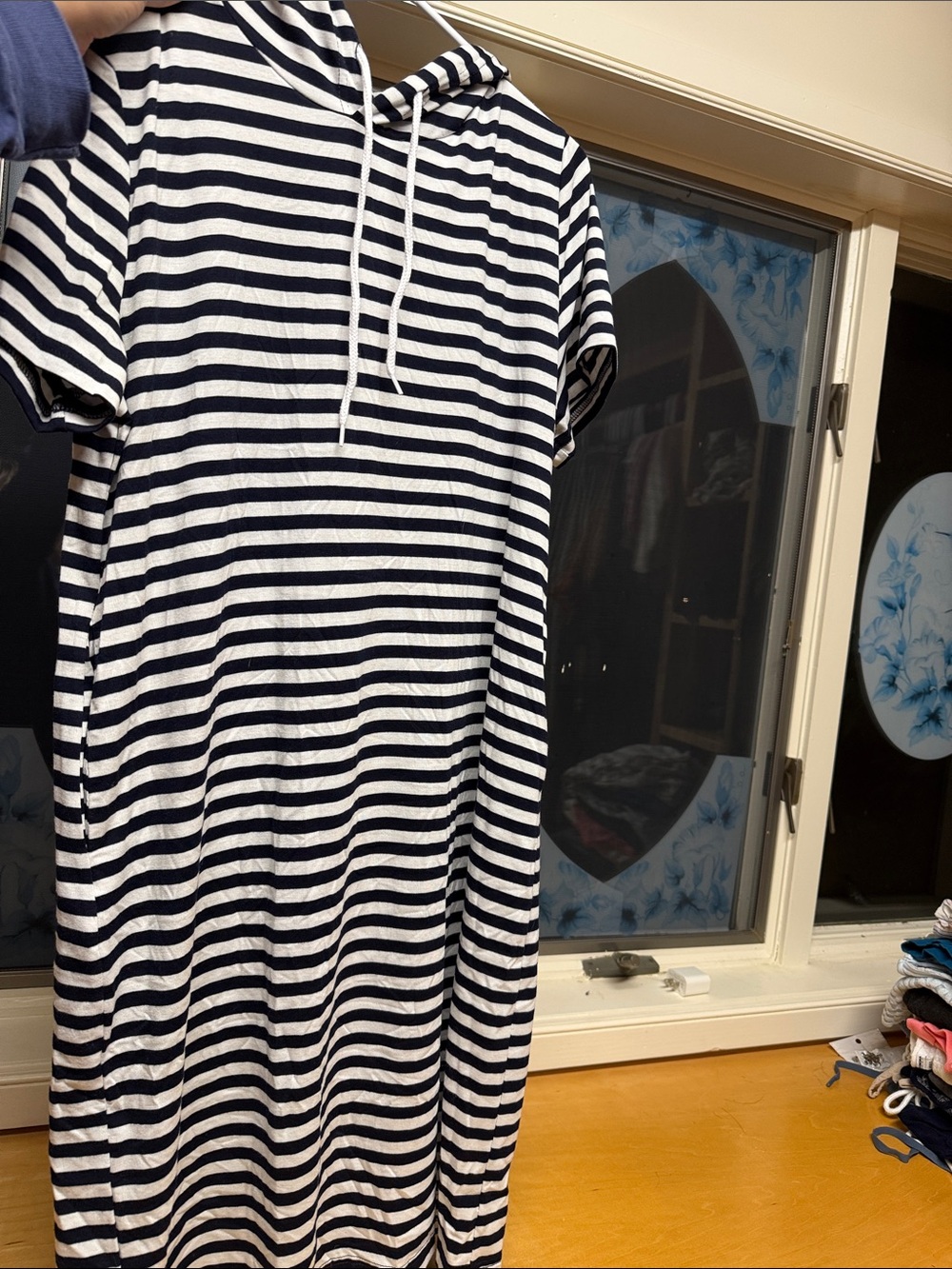 west loop Navy and White Striped Midi Hoodie Dress